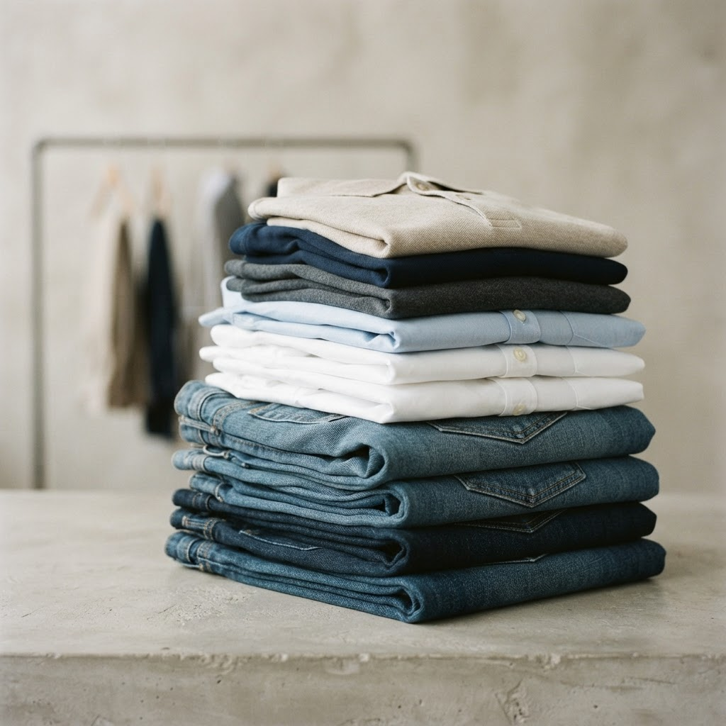 Folded denim, shirting, and knit apparel samples