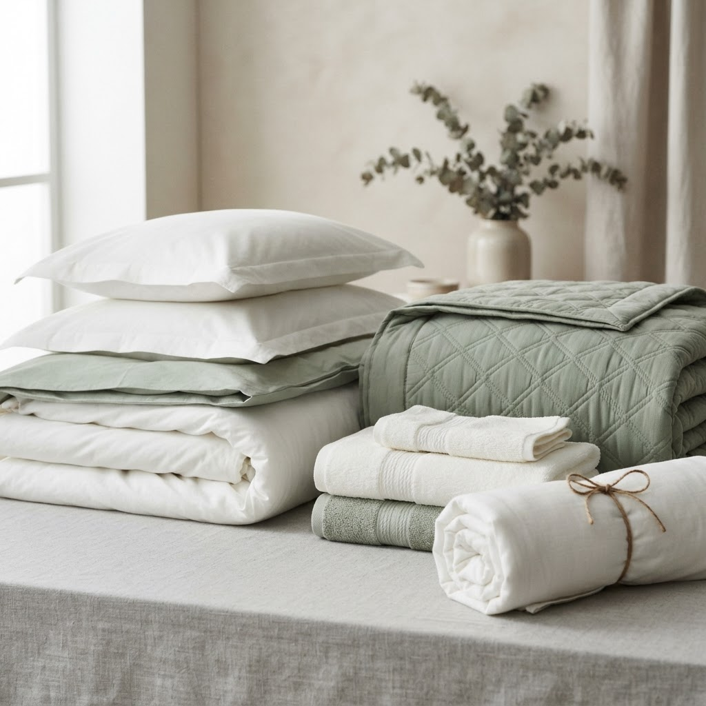 Folded bedding, quilted comforter, and towel samples