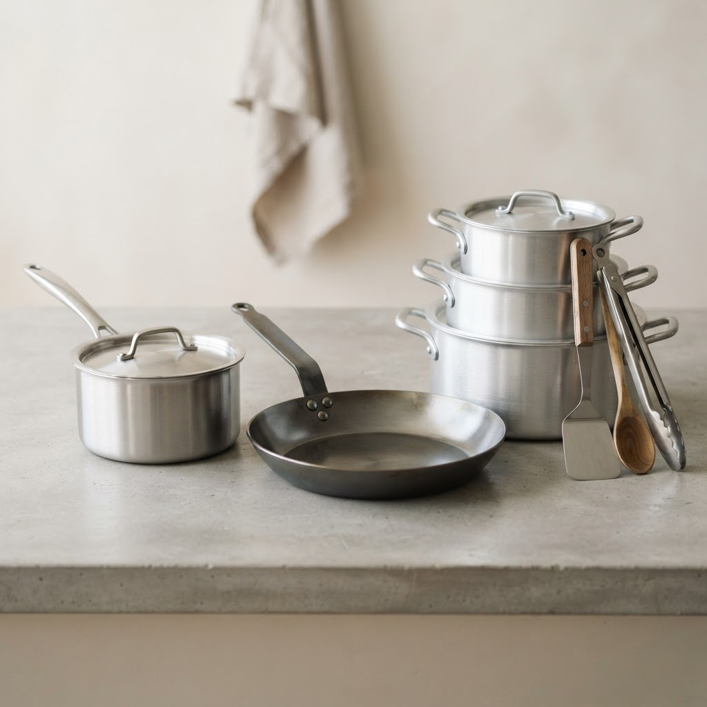 Stainless steel, carbon-steel, and aluminum cookware samples