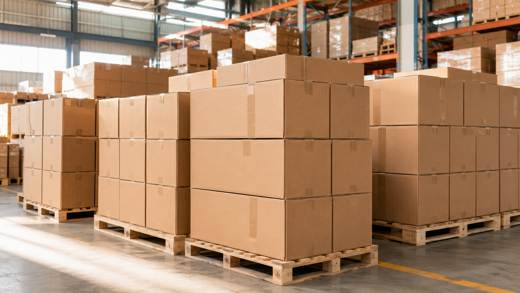 Master cartons palletised and staged in the warehouse for container loading